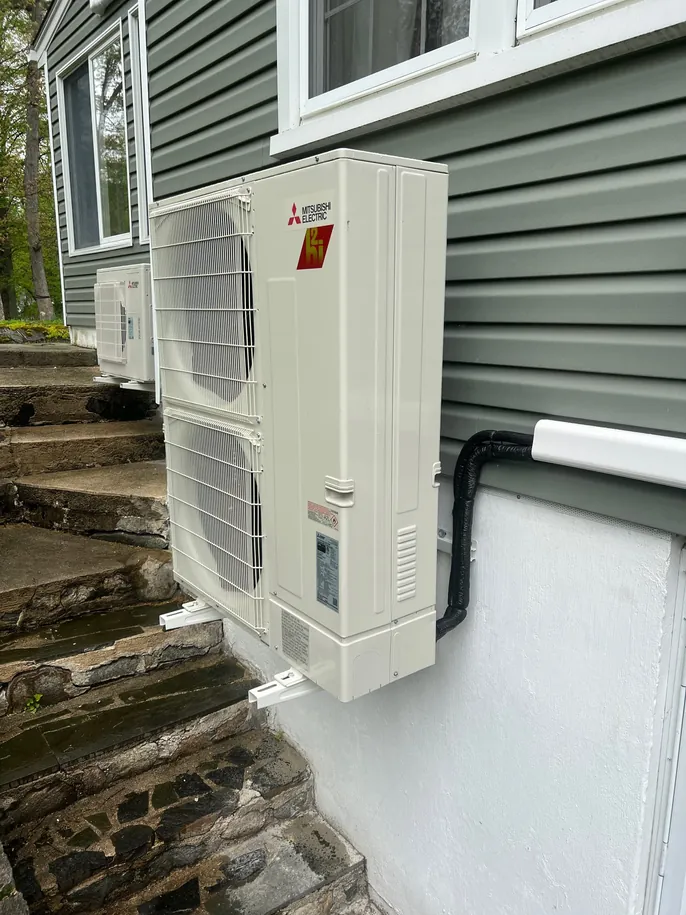 Mitsubishi Electric ducted heat pump outdoor unit installed at a Stamford, CT home by Celco