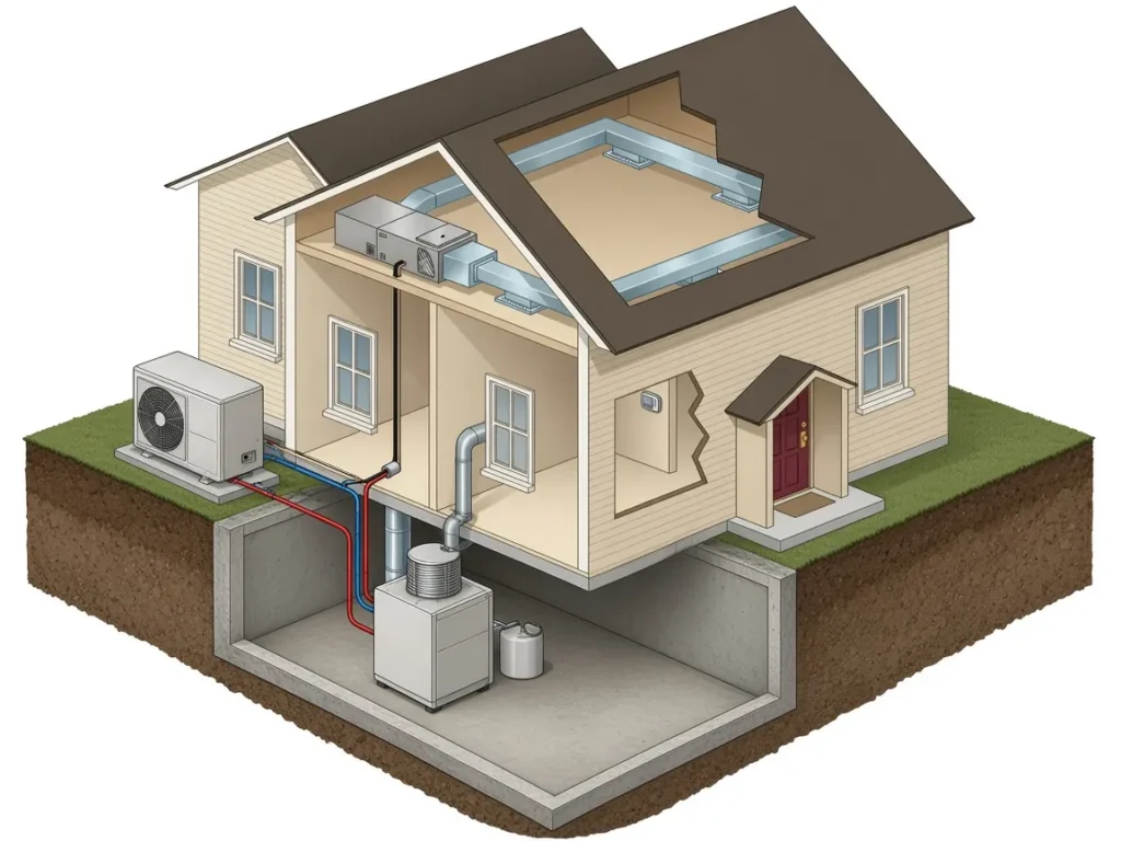 Illustration of a hybrid heating system with a furnace in the basement and a heat pump outside